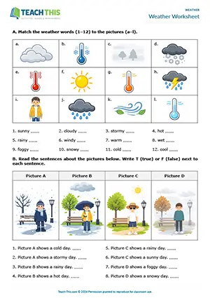 ESL weather vocabulary worksheet preview, beginner A1, matching, true or false, controlled practice