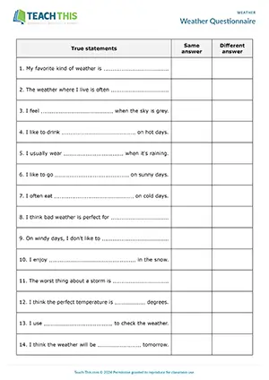ESL weather activity preview for elementary A1-A2 showing sentence completion, question prompts, and class mingling