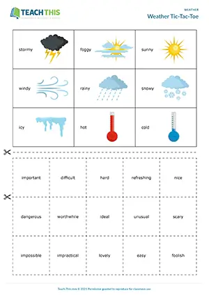 ESL weather tic-tac-toe game preview for upper-intermediate B2 with adjective cards, sentence formation, and pair work