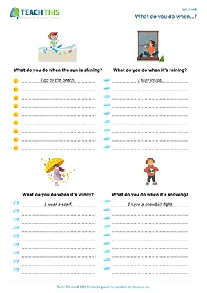 ESL weather game preview for elementary A1-A2 with writing sentences, question prompts, and group matching