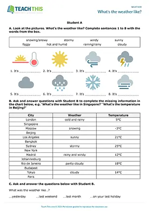 ESL weather activity preview for pre-intermediate A2 with matching, questions, and chart completion