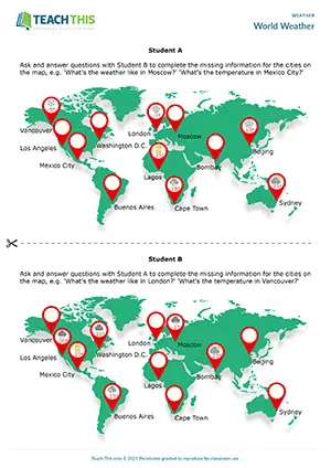 ESL weather adjectives activity preview for pre-intermediate A2 with map, prompts, and world cities