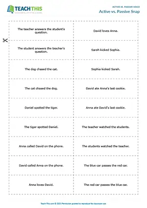 ESL intermediate active vs passive voice game preview showing sentence matching exercises, snap card activities, and grammar practice for B1 level students