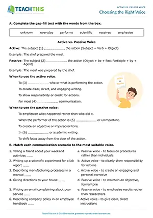 ESL upper-intermediate active vs passive voice worksheet preview showing communication context exercises, sentence rewriting practice, and grammar decision-making activities for B2 level students
