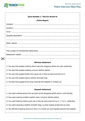 ESL upper-intermediate active vs passive voice game preview featuring role-play, asking and answering questions, transforming sentences and group work activities for B2 level students