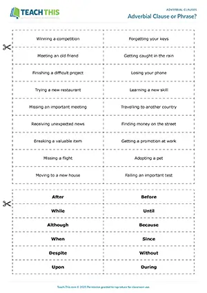 ESL adverbial clauses and phrases worksheet and game preview for intermediate: categorising, rewriting, and forming sentences in group activities.