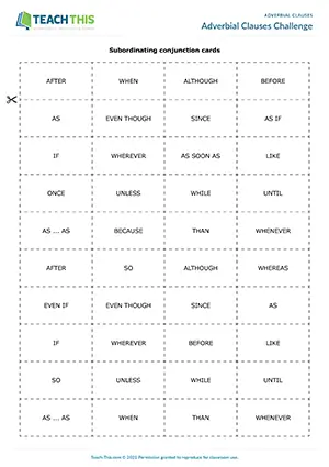 ESL adverbial clauses grammar and speaking game preview for intermediate: form sentences using subordinating conjunction and verb cards in a group competition.