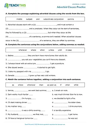 ESL adverbial clauses worksheet preview for upper-intermediate: gap-fill, matching, sentence creation, and writing exercises.