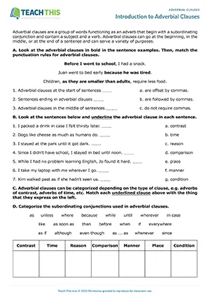 ESL adverbial clauses worksheet preview for intermediate: matching, identifying, categorising, and sentence formation grammar activities.