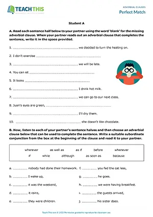 ESL adverbial clauses activity preview for upper-intermediate: matching, sentence completion, and pair communication tasks.