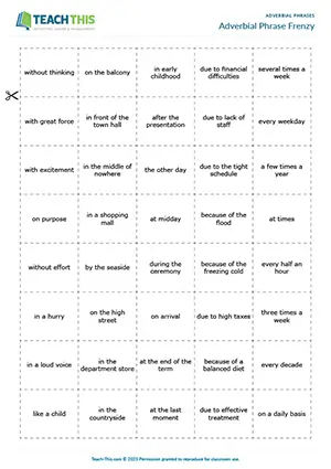 ESL Adverbial phrases game preview for intermediate: group activity forming sentences with various types of adverbial phrases.