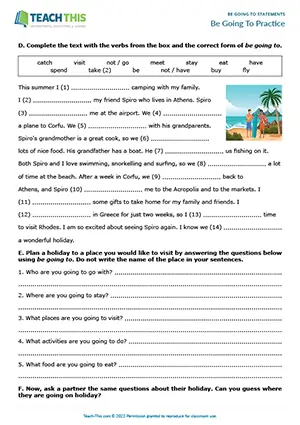 ESL Be Going To worksheet preview for elementary: grammar labelling, underlining, gap-fill, writing answers, and holiday planning practice.