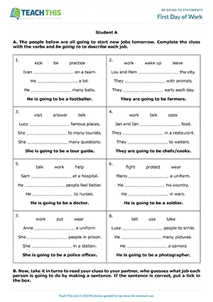 ESL Be Going To game preview for pre-intermediate: guess jobs using be going to sentences and clues in a pair activity.