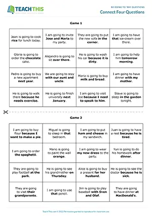 ESL Be Going To Wh Questions game preview for elementary: Connect 4 forming questions from prompts in a group competition.