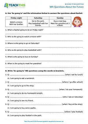 ESL Be Going To Wh Questions worksheet preview for elementary: writing and answering Wh questions about future plans in pairs.