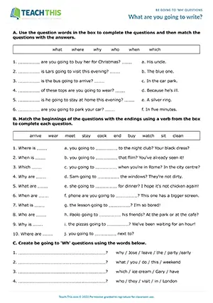 ESL Be Going To Wh Questions worksheet preview for pre-intermediate: matching, gap-fill, forming questions, and pair speaking activities.