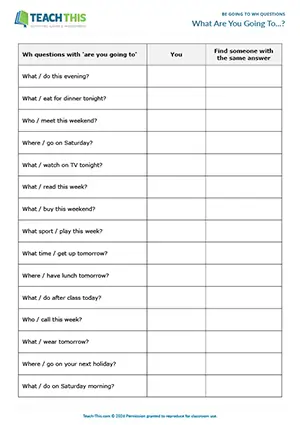 ESL Be Going To Wh questions speaking activity preview for elementary: forming, asking and answering questions about future plans.