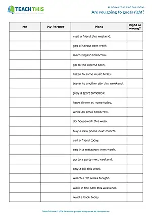 ESL guessing game preview for practicing be going to yes/no questions and partner interviews for Pre-intermediate A2.