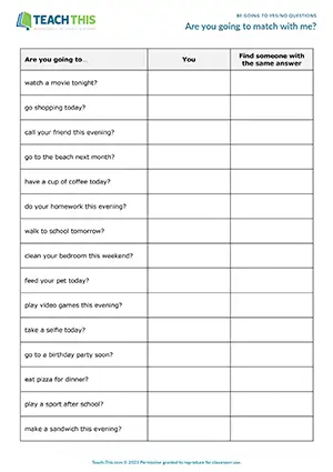 ESL activity preview showing students matching be going to yes/no questions and answers with classmate interview cards for Elementary A1-A2.
