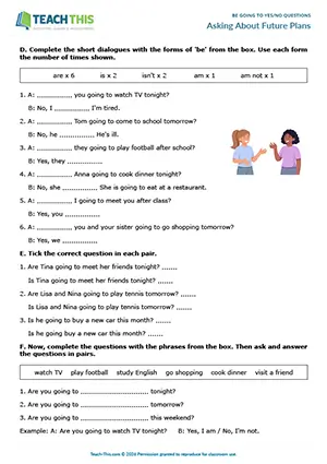ESL worksheet preview showing students matching, binary choice, unscrambling, gap-fill, sentence completion, asking and answering questions for Elementary A1-A2.