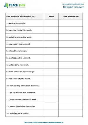 ESL activity preview for practicing be going to yes/no questions for Pre-intermediate A2.