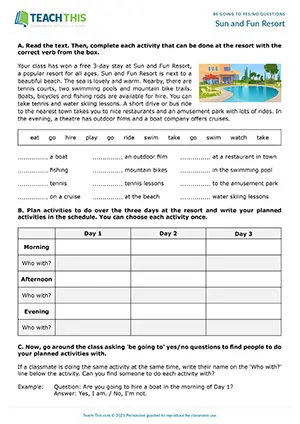 ESL activity preview showing students planning resort activities and asking be going to yes/no questions for Pre-intermediate A2.