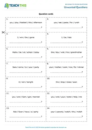 ESL game preview showing students racing to match be going to yes/no questions and short answers in a group work setting for Elementary A1-A2.