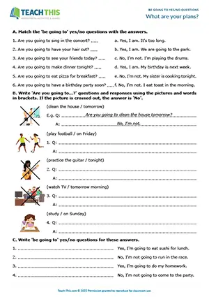 ESL worksheet preview for practicing be going to yes/no questions, matching activities and crosswords for Elementary A1-A2.