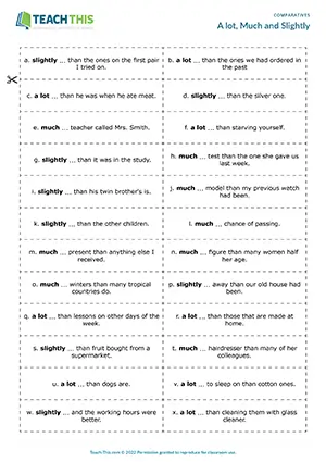 ESL comparatives game with modifiers preview: students match sentence halves and use a lot, much, or slightly at Intermediate B1.