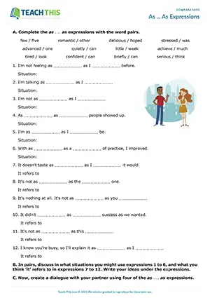 ESL as ... as comparative expressions activity preview: students discuss and role-play dialogues at Intermediate B1.