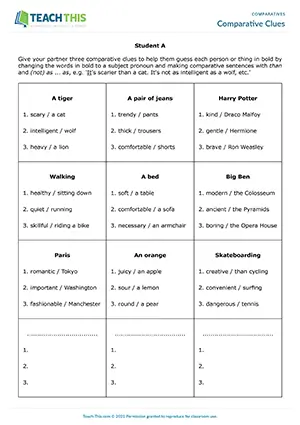 ESL comparative clues guessing game preview: students give clues and guess people or things using comparatives at Intermediate B1.