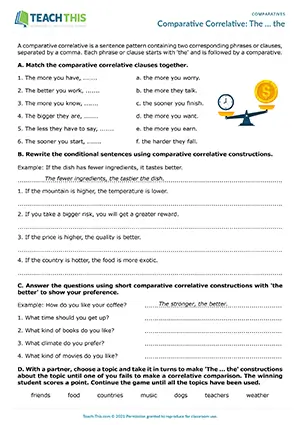 ESL comparative correlative worksheet preview: students match, rewrite, and play a the-the comparisons game at Upper-intermediate B2.
