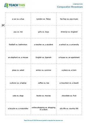 ESL comparative adjectives showdown game preview: students form sentences with comparatives under time pressure at Pre-intermediate A2.