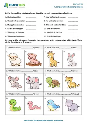 ESL comparative adjectives worksheet preview: categorising, word completion, identifying, binary choice, error correction, gap-fill at Elementary A1-A2.