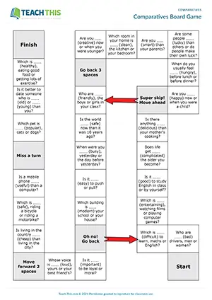 ESL comparatives board game preview: students change adjectives to comparatives and ask/answer questions at Intermediate B1.