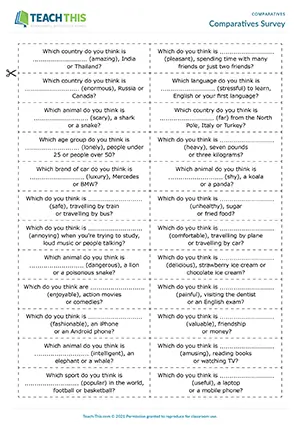 ESL comparatives survey activity preview: students ask and answer questions using comparatives at Intermediate B1.