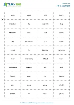 ESL Fill in the Blank comparatives game preview: students guess missing comparative adjectives in sentences at Pre-intermediate A2.