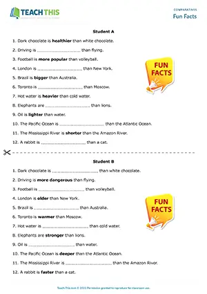 ESL comparative adjectives guessing game preview where students fill gaps with comparatives in fun fact sentences at Elementary A1-A2.