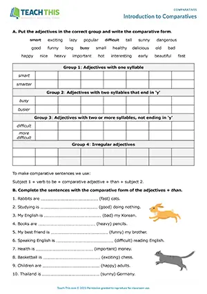 ESL worksheet preview for practicing comparative adjectives and sentences with than at Elementary A1-A2.