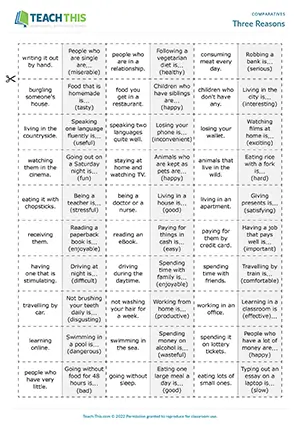 ESL complex comparisons domino game preview: students use as ... as or more/less ... than and give reasons at Upper-intermediate B2.