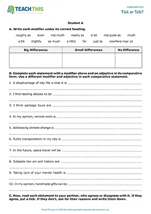 ESL modifiers and comparatives activity preview: students complete and discuss comparative statements at Upper-intermediate B2.