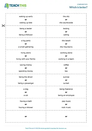 ESL comparatives discussion activity preview: students debate which things are better using comparatives at Intermediate B1.