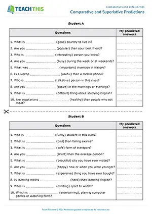ESL comparatives and superlatives predictions game: students predict, ask, and compare answers in pairs at Pre-intermediate A2.