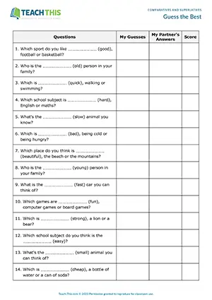 ESL comparatives and superlatives guessing game for elementary students: gap-fill, partner Q&A, and scoring points.