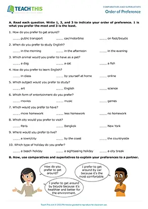 ESL comparatives and superlatives preferences activity: students rank, discuss, and share preferences at Intermediate B1.