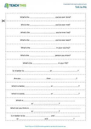 ESL comparatives and superlatives speaking activity: students complete and ask questions in pairs at Upper-intermediate B2.