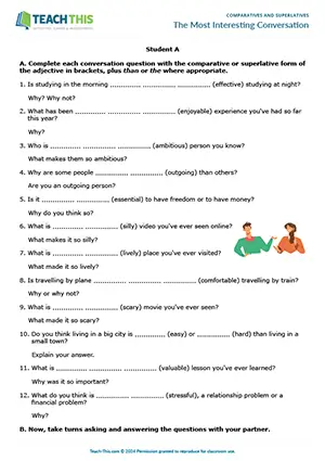 ESL comparatives and superlatives conversation activity: students form, ask, and answer conversation questions at Intermediate B1.