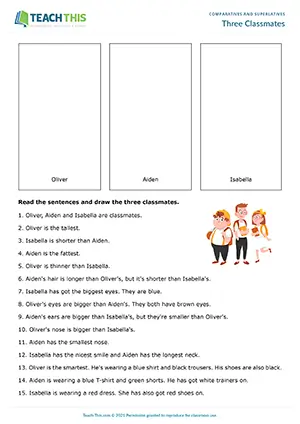 ESL comparatives and superlatives drawing activity: students draw classmates from comparative/superlative descriptions at Pre-intermediate A2.