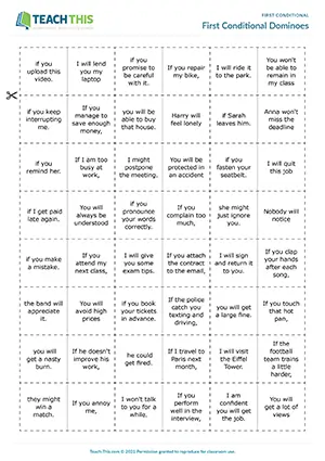 ESL first conditional dominoes game for intermediate B1: sentence matching, group practice