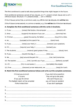 ESL first conditional worksheet for intermediate B1: gap-fill, sentence completion, speaking, pair work
